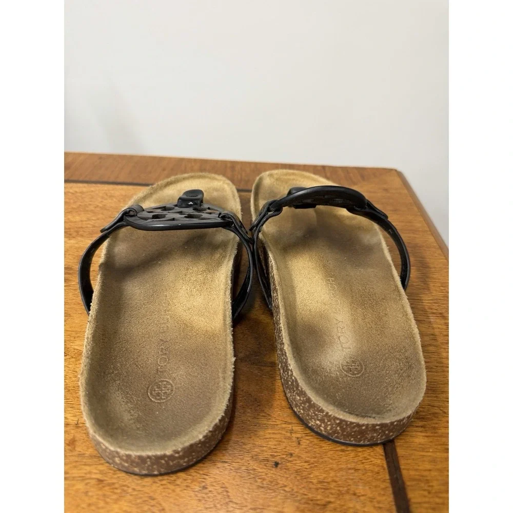 Tory Burch Miller Cloud Sandals Womens 8 Perfect Black Patent Leather Logo Thong